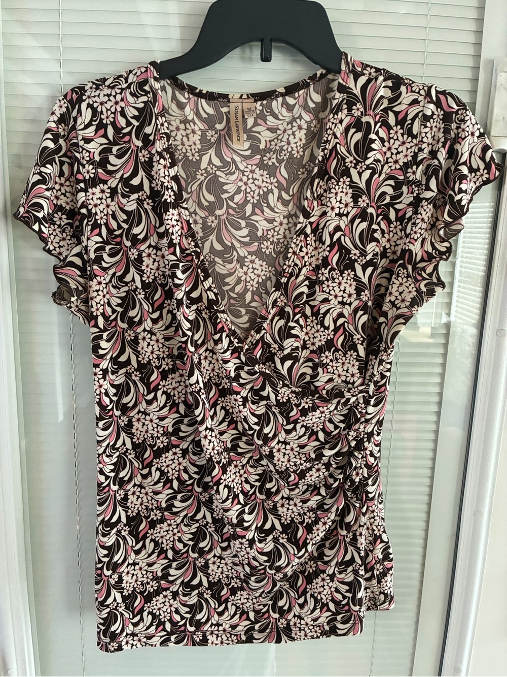 Susan Lawrence Brown and White Floral Ruched Crossover Top